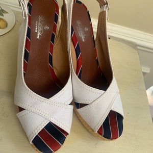 Brooks Brothers NIB white leather lined Canvas Slingback wedge SZ 9.